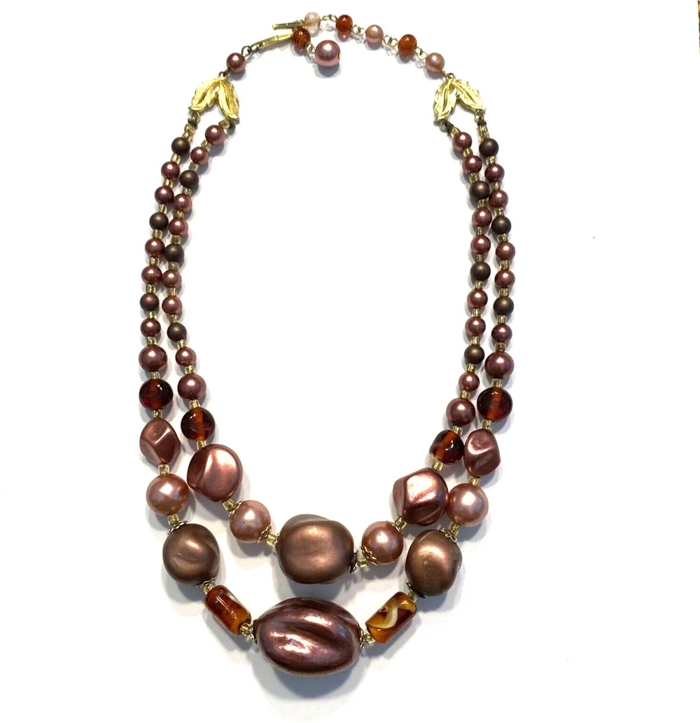 Vintage Mid Century Double Strand Necklace Purple Lavender Abstract Beaded Japan